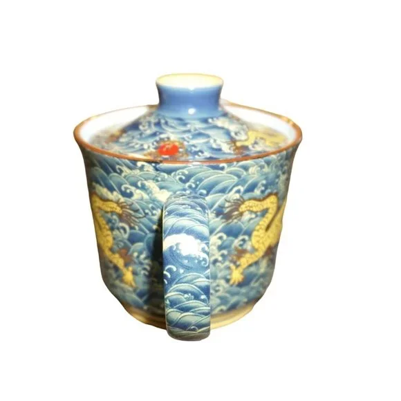 Chinese Golden Dragon Teacup Teapot Blue Red Ball Luck Sea Waves Signed READ - Picture 9 of 16
